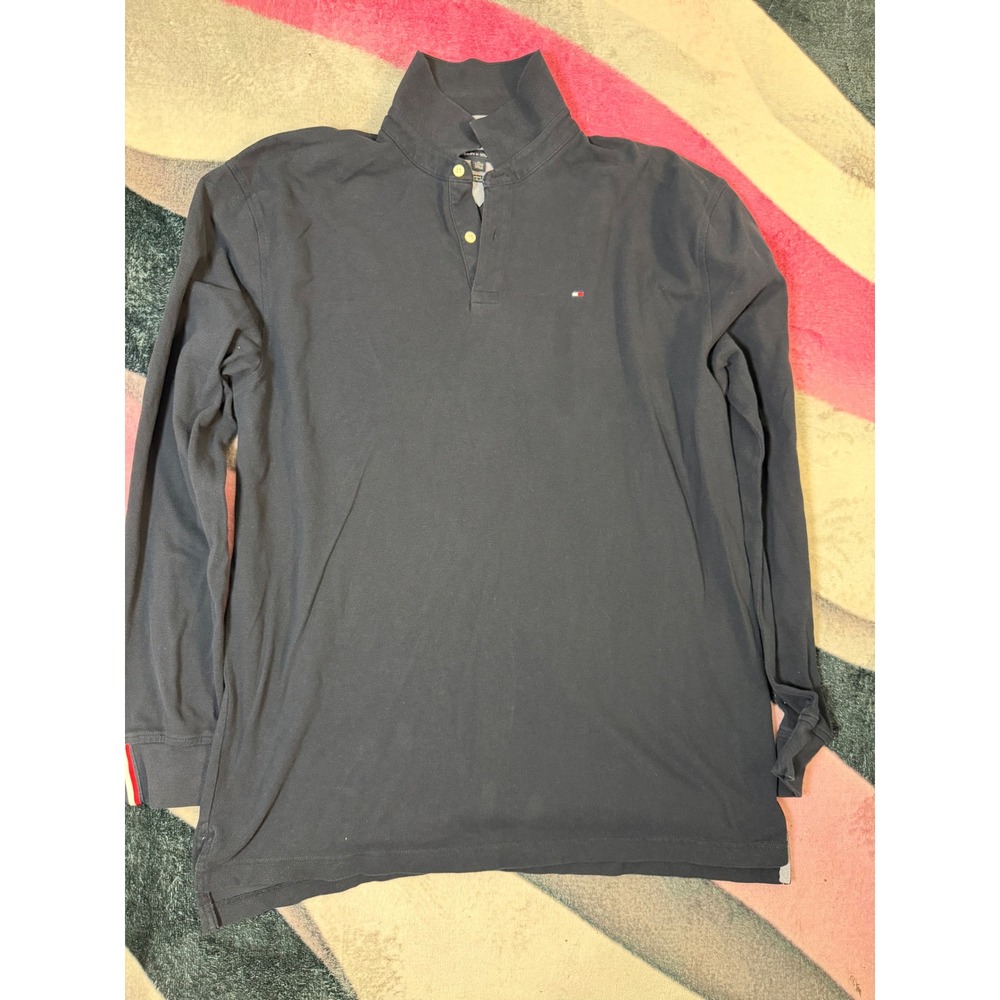 Tommy Hilfiger Mens XL Long Sleeve Polo Shirt Classic Fit Navy Blue Pique Logo